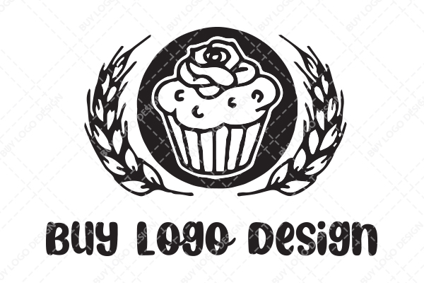 Circle Abstract within it a Cupcake and Grains of Wheat on both Sides Logo